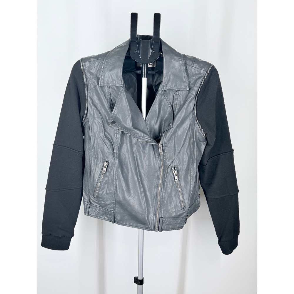 BKE Womens Gray Faux Leather Mixed Media Moto Jacket Black Knit Sleeves Large